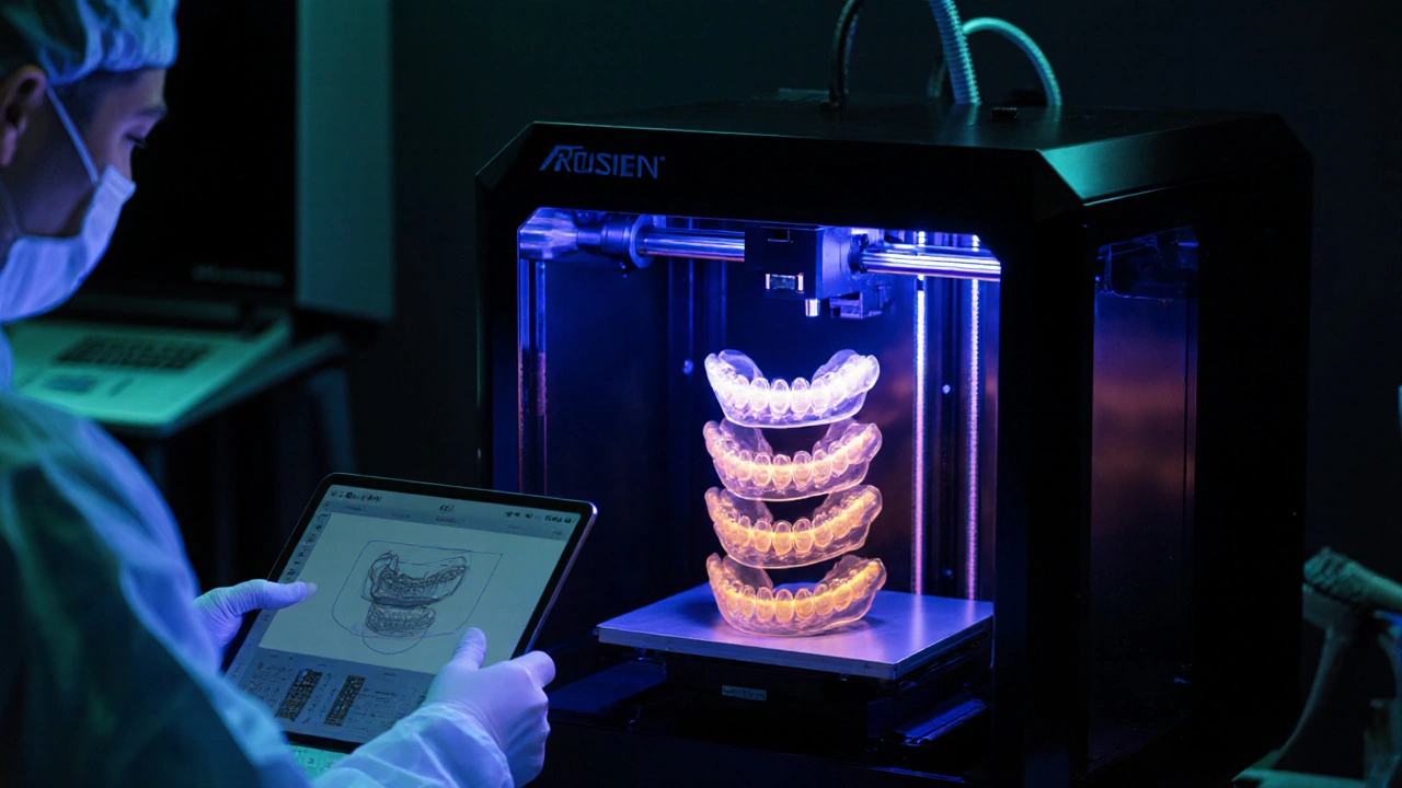 3D tiskárna vytiskuje průhledné aliniátory pod UV světlem, viditelné vrstvy polymeru.