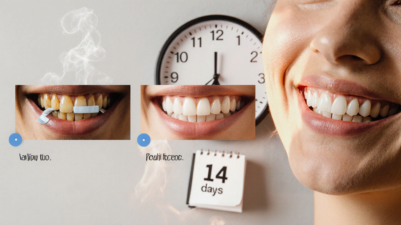 Časová osa: žluté zuby, bělicí pásky, bílé zuby - před a po bělení.