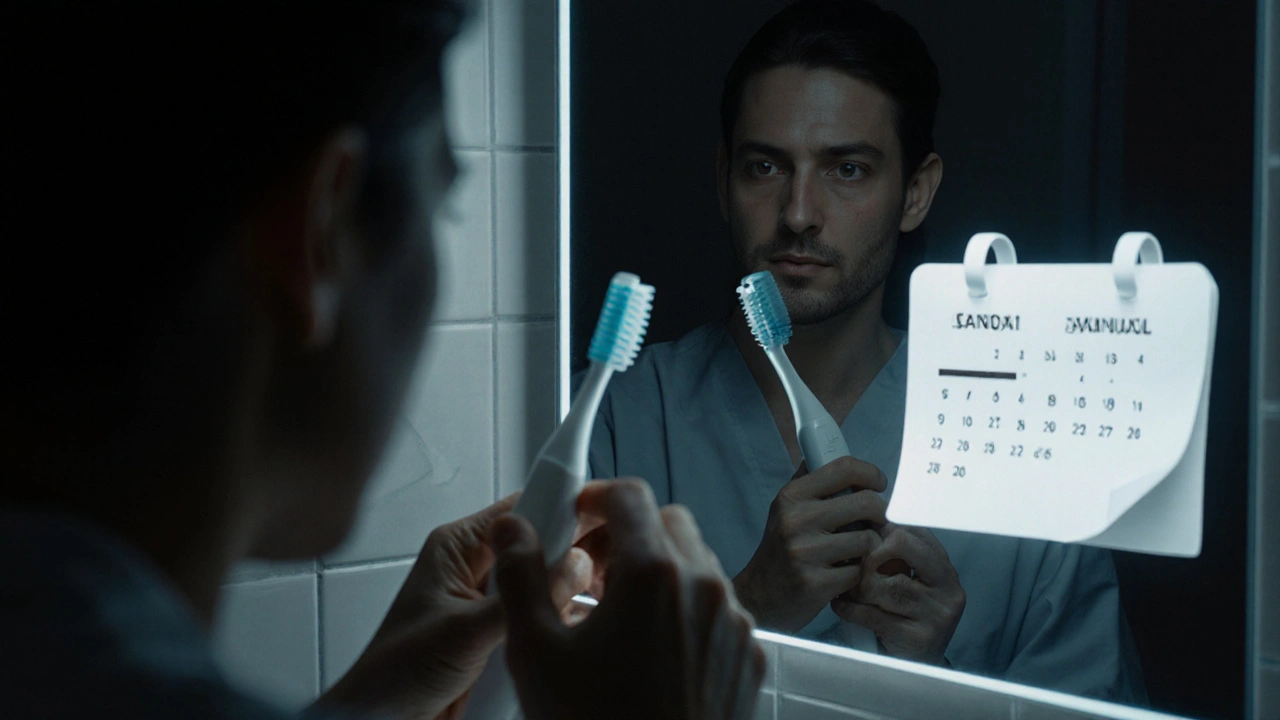 Člověk si v zrcadle všimne zubního kamene, zatímco v odrazu vidí zubního lékaře.