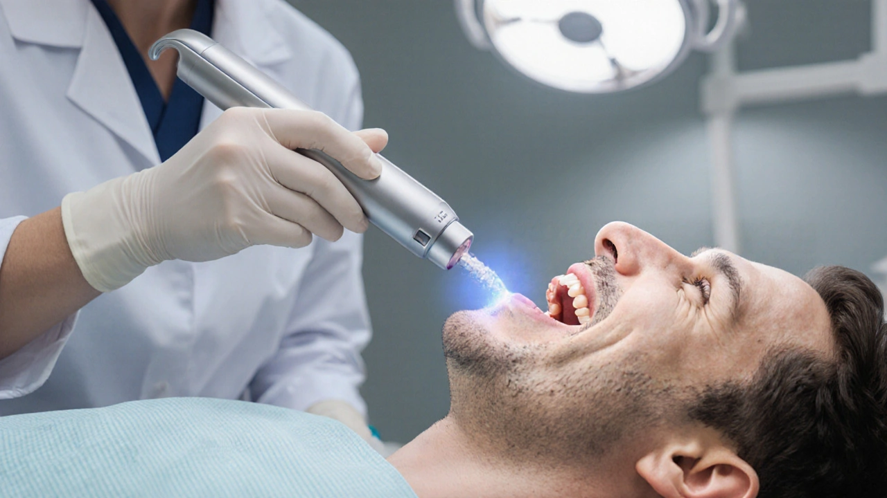 Dentista provádí ultrazvukové skalení, zub před a po čištění.