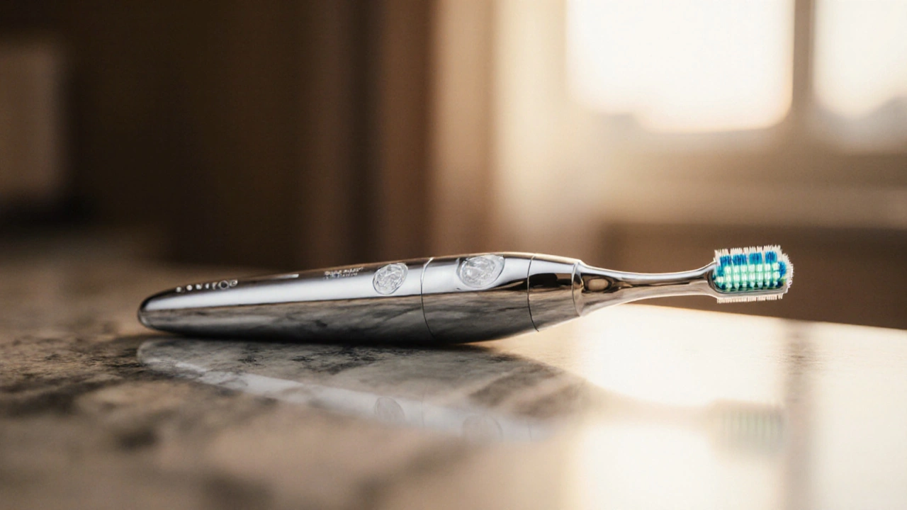 Detailní záběr na luxusní Philips Sonicare DiamondClean na mramorovém pultu, zářící.