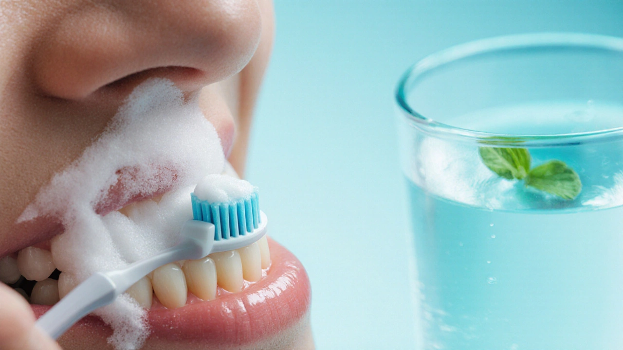 Detailní záběr na mezizubní kartáček mezi zuby.