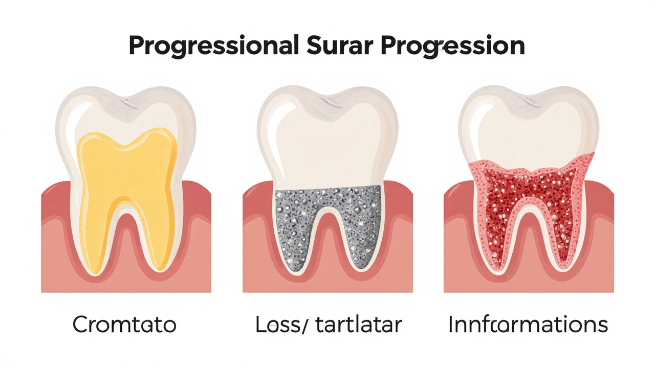 Diagram ukazující vývoj zubního kamene pod dásní a ztrátu kosti.