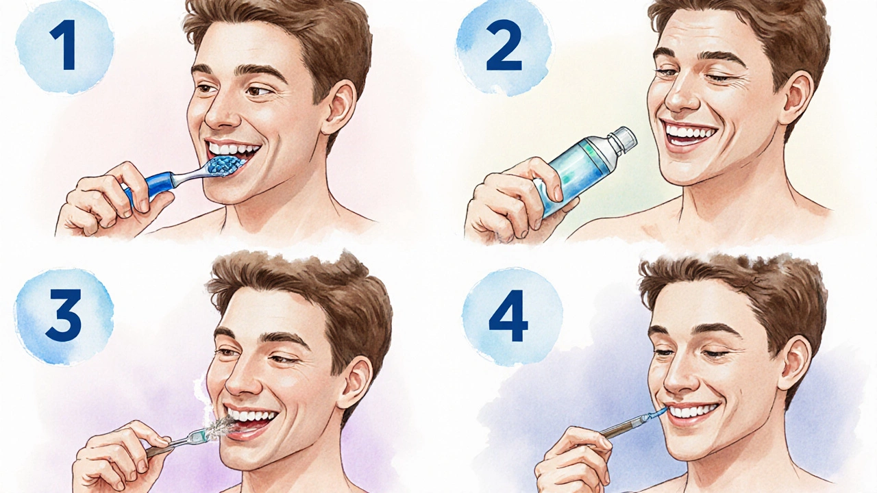 Koláž ukazující kroky denní fluoridace: čištění, ústní voda, žvýkačka, gel.