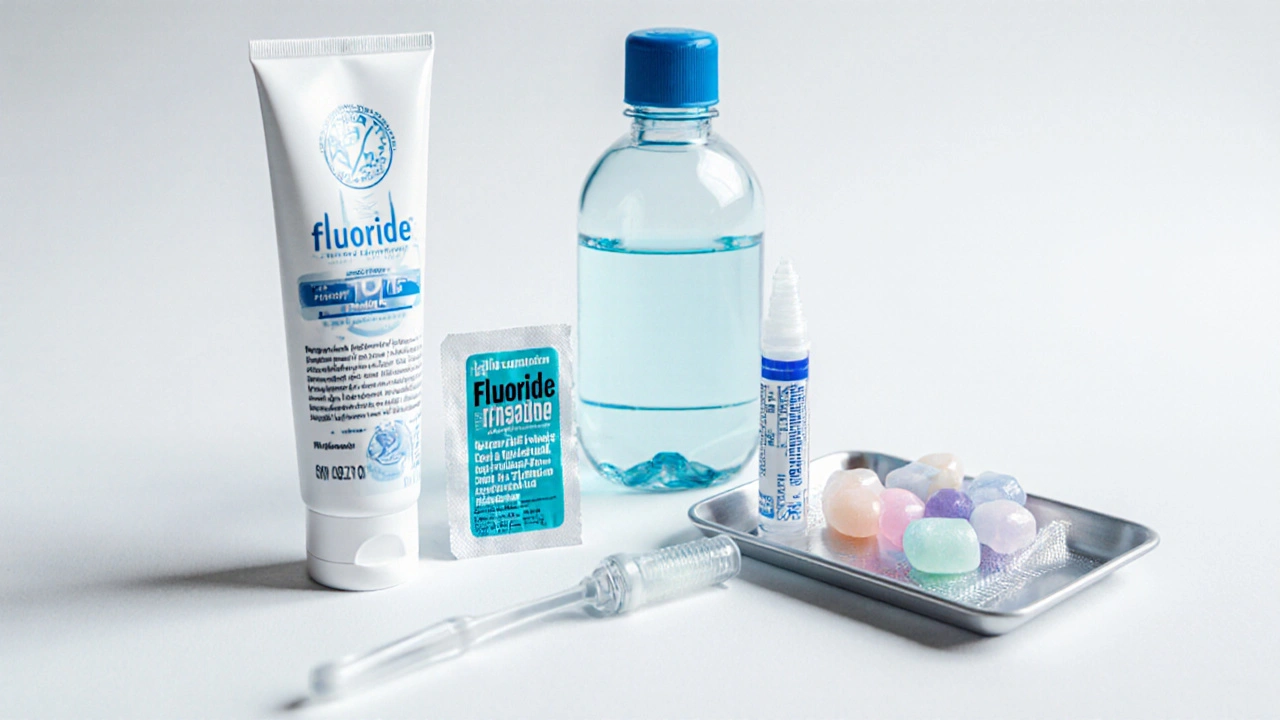 Makrozáběr různých fluoridových produktů na bílém podkladu.