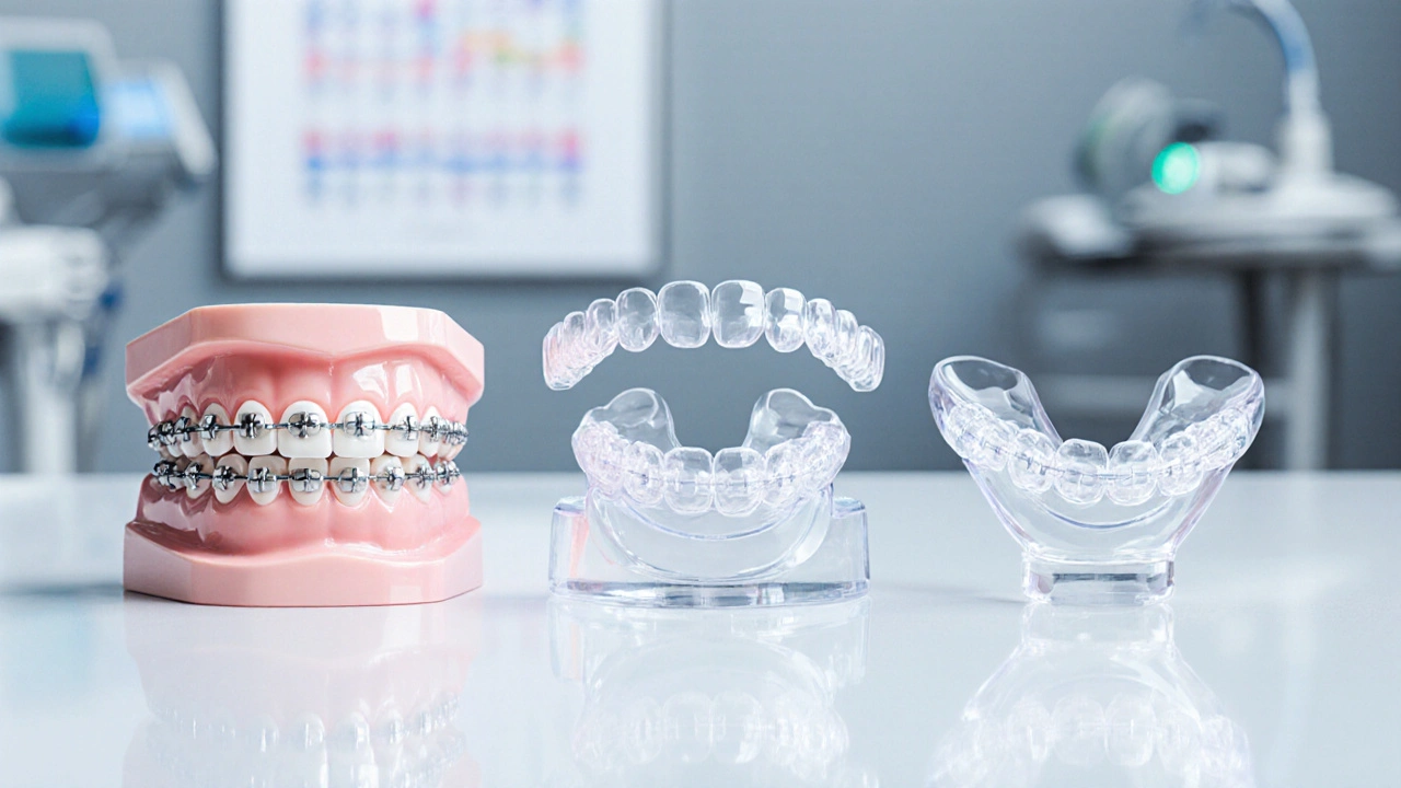 Na stole tři ortodontické aparáty: kovné brzdy, Invisalign a Herbst.