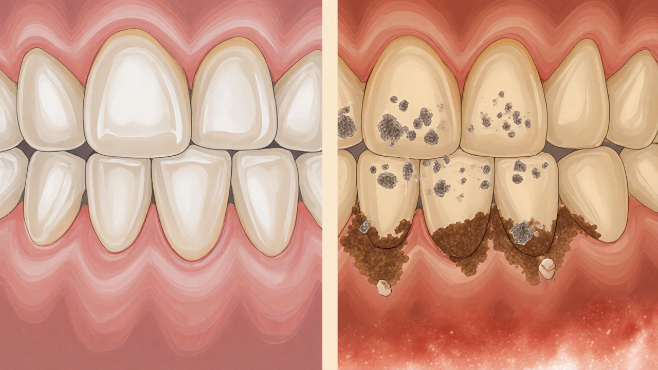Přechod z plaku na tvrdý zubní kámen podél dásně s viditelnými minerály a bakteriemi.