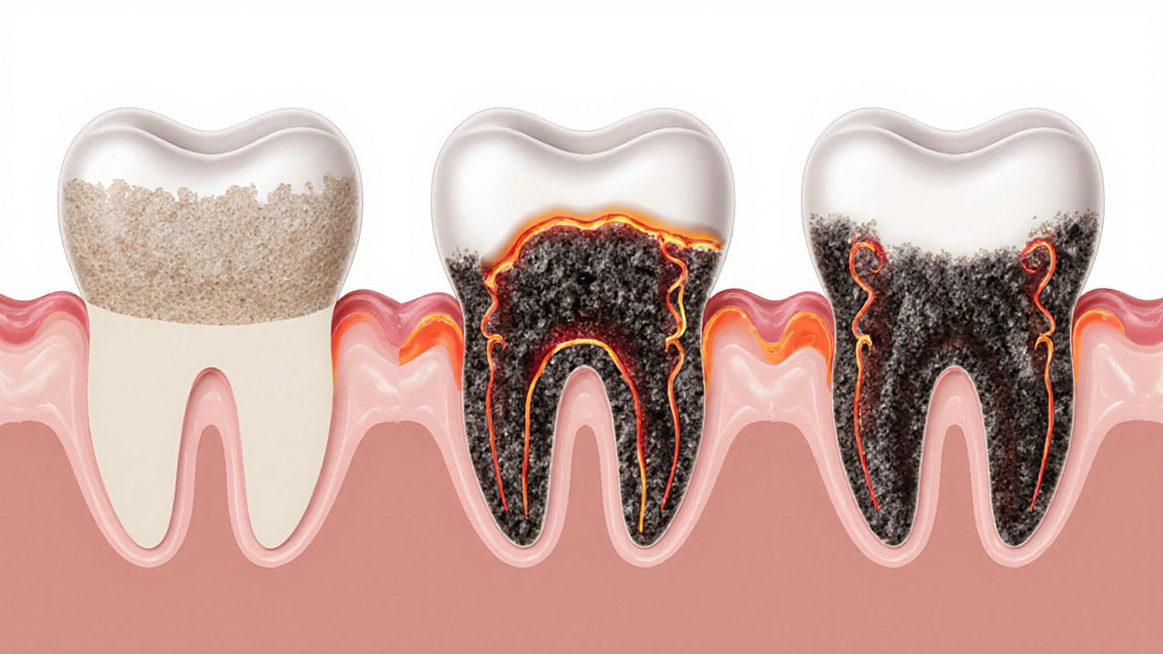 Přehledový výřez zubu s kalcifikovaným plakem pod dásní a poškozenými tkáněmi.