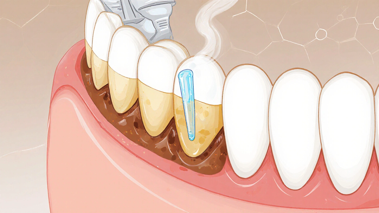 Příčný řez zubu s bělicí látkou pronikající do skloviny a rozkládající tmavé skvrny.