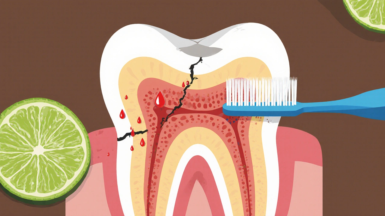 Řezová ukázka zubu s tenkou sklovinou a odhaleným dentinem.