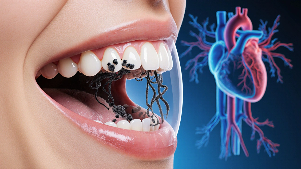 Skrytý zubní kámen pod dásní s bakteriemi vstupujícími do krevního oběhu.