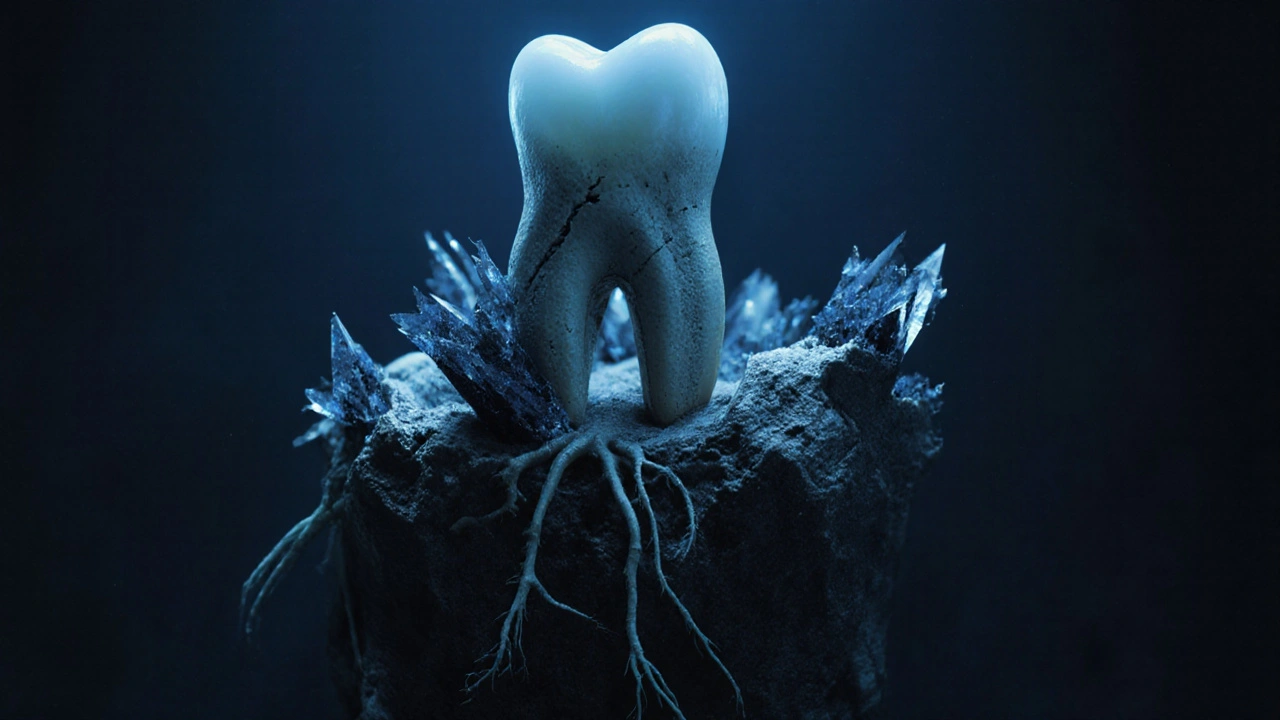 Symbolický obraz zubního kamene ničícího podpěrnou kost.