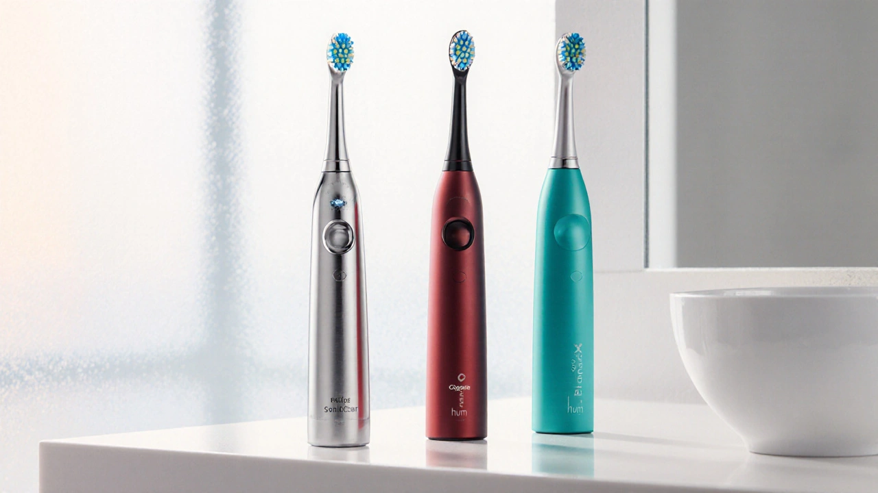 Tři sonické kartáčky (Philips, Oral‑B, Colgate) vedle sebe na bílém dřezíku.