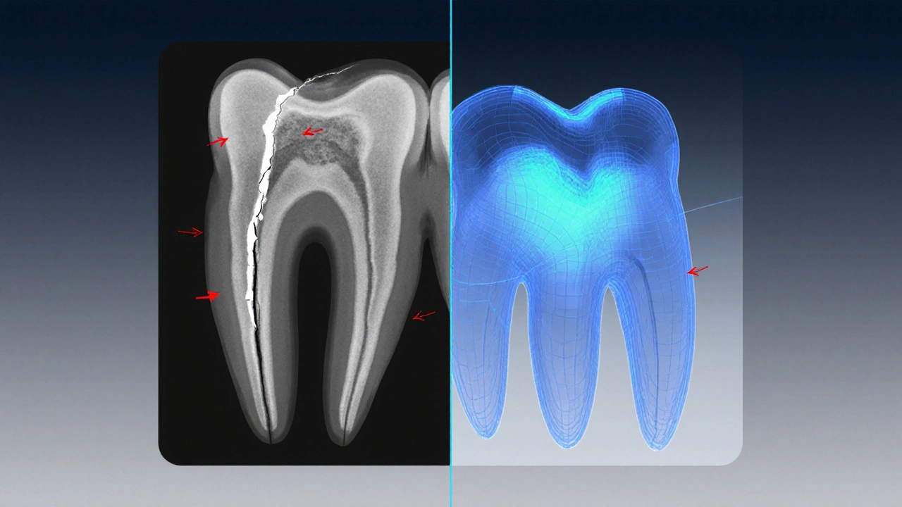 Zobrazena dentální rentgenová snímka a laserové skenování ukazující prasklinu.