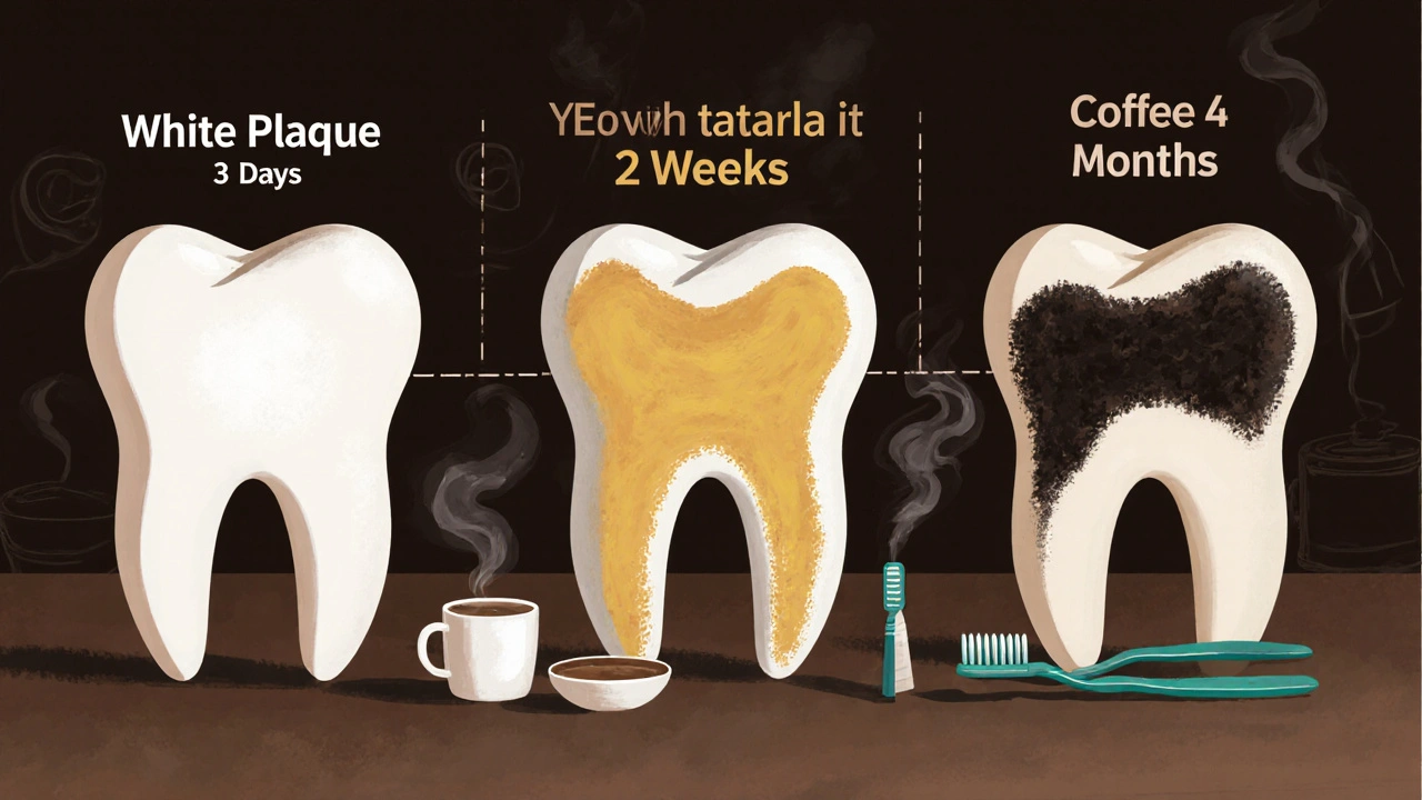 Časová osa ukazující vývoj zubního kamene od placky po černý nános během měsíců.