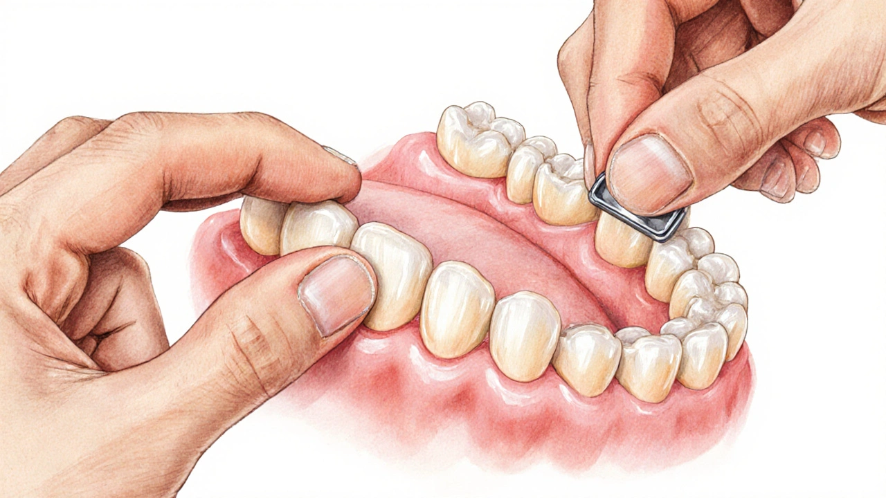 Částečná protéza se uvolňuje z přirozeného zubu pomocí kovového háčku.