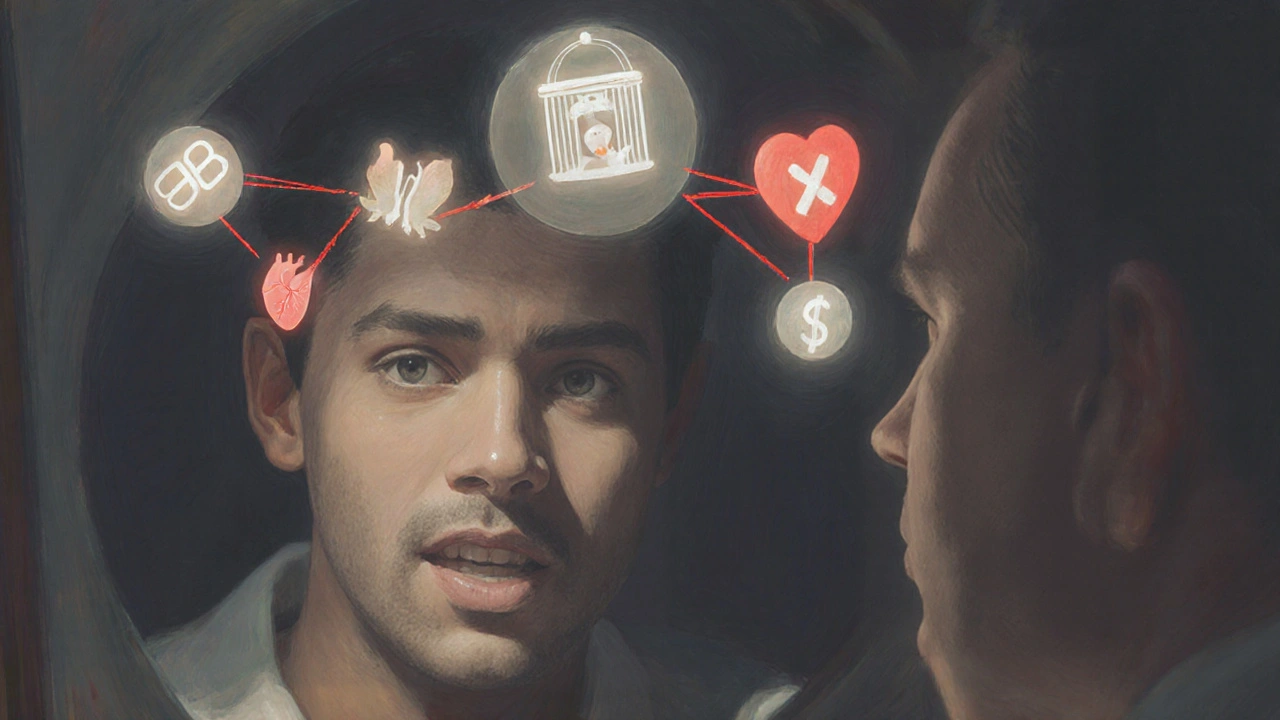 Člověk v zrcadle s viditelným zubním kamenem a symbolickými riziky pro zdraví těla.