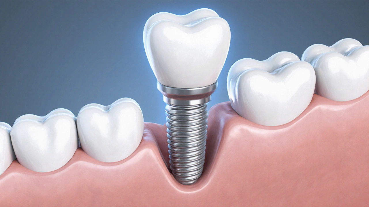 Cross-section of a dental implant integrated into jawbone with ceramic crown.