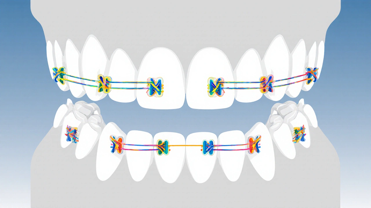 Dental arches with colored elastics connecting teeth to correct bite issues.