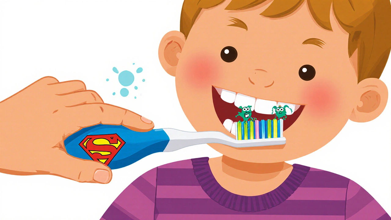 Dítě drží barevný kartáček, zatímco rodič správně čistí zuby pod úhlem 45 stupňů.