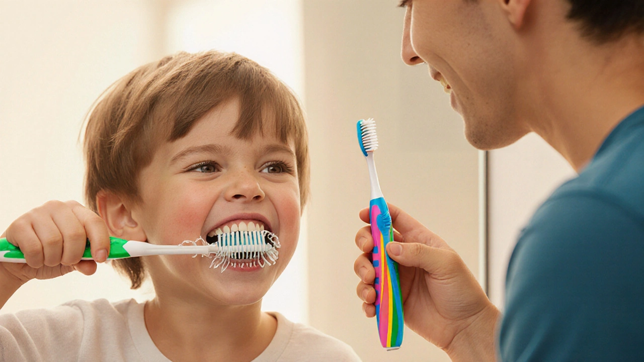 Dítě používá poškozený kartáček, zatímco dospělý drží nový, správně vybavený kartáček Curaprox Junior.
