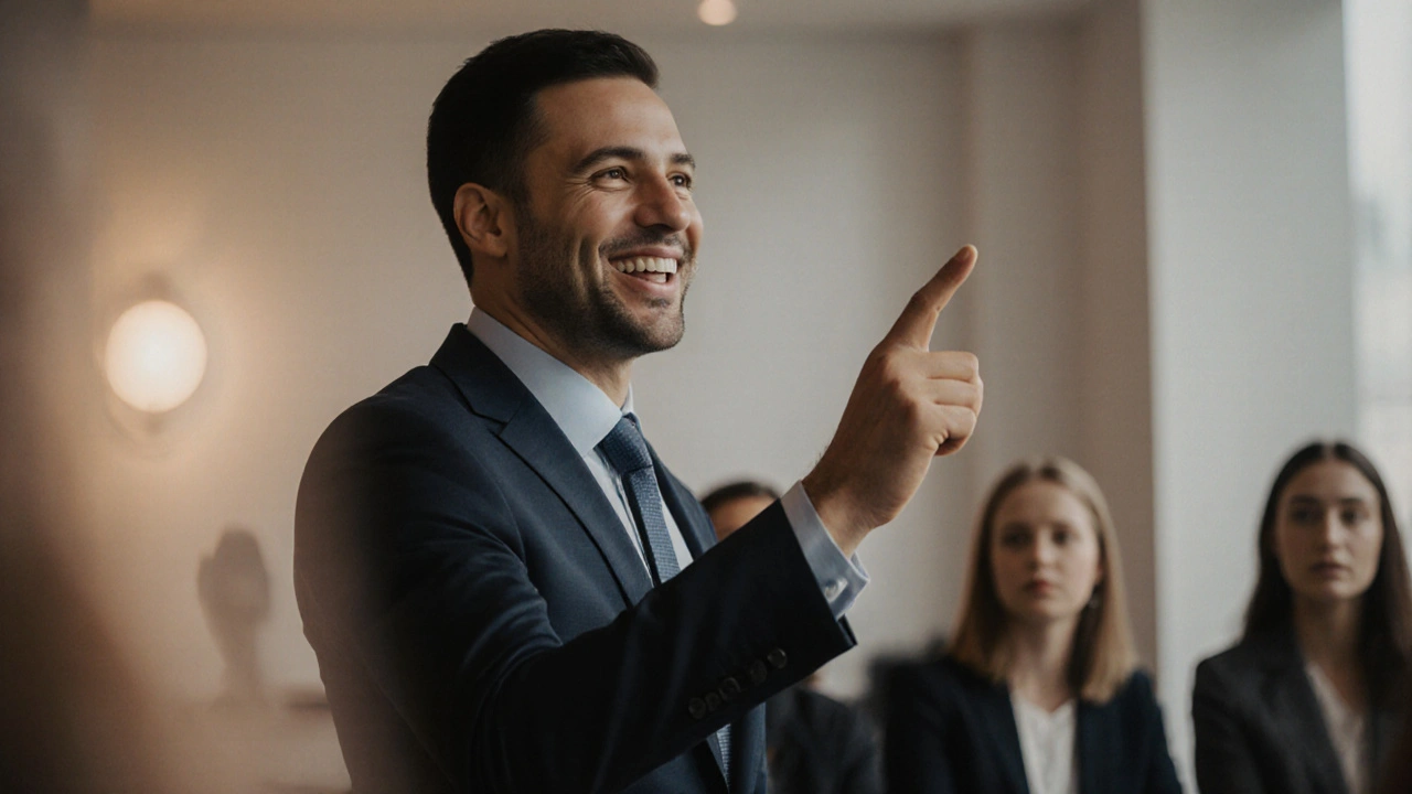 Dospělý muž přednáší v kanceláři s téměř neviditelnými rovnátky, věrně vyjádřená sebevědomost.