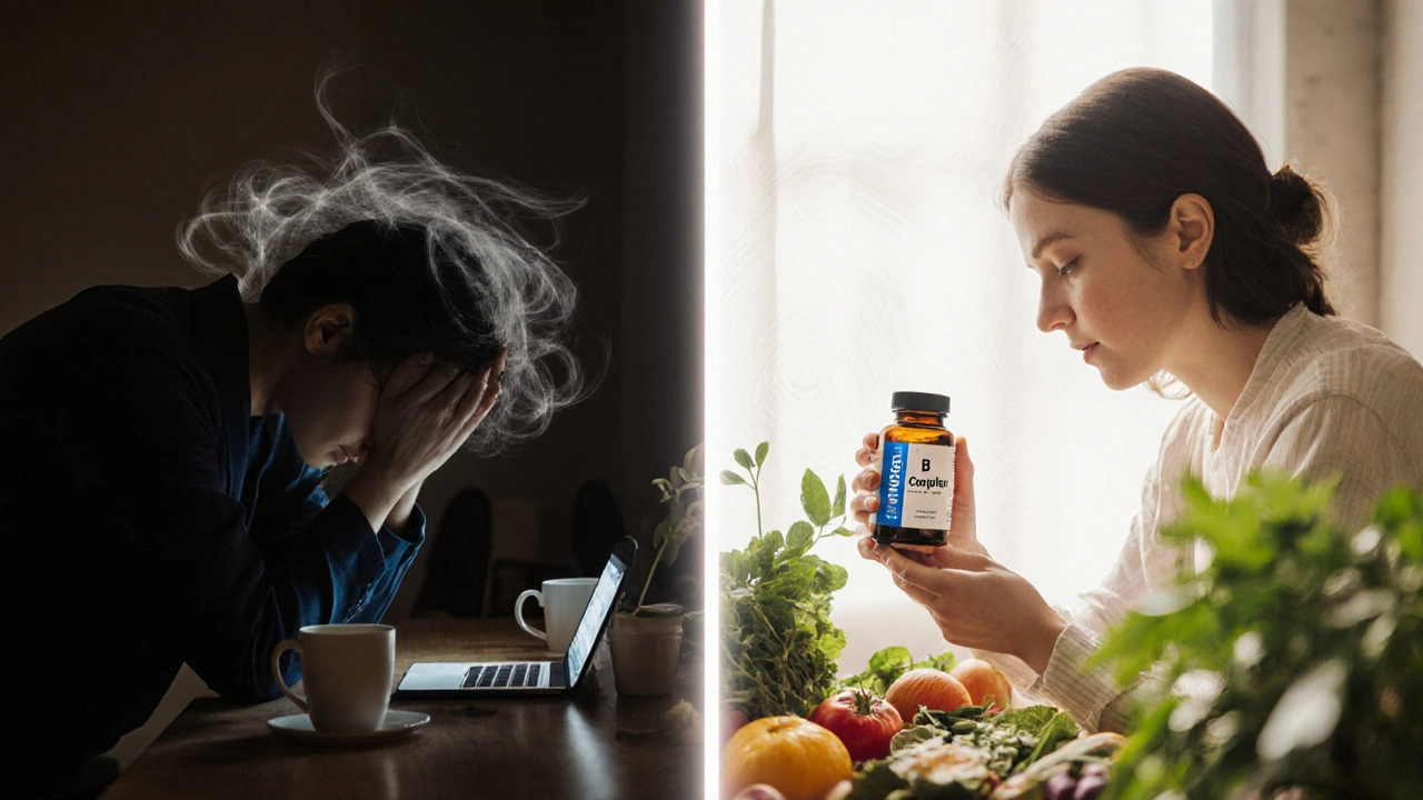 Dvě strany téže osoby: jedna stresovaná v temnotě, druhá klidná v slunečním světle s doplňky a zdravými potravinami.