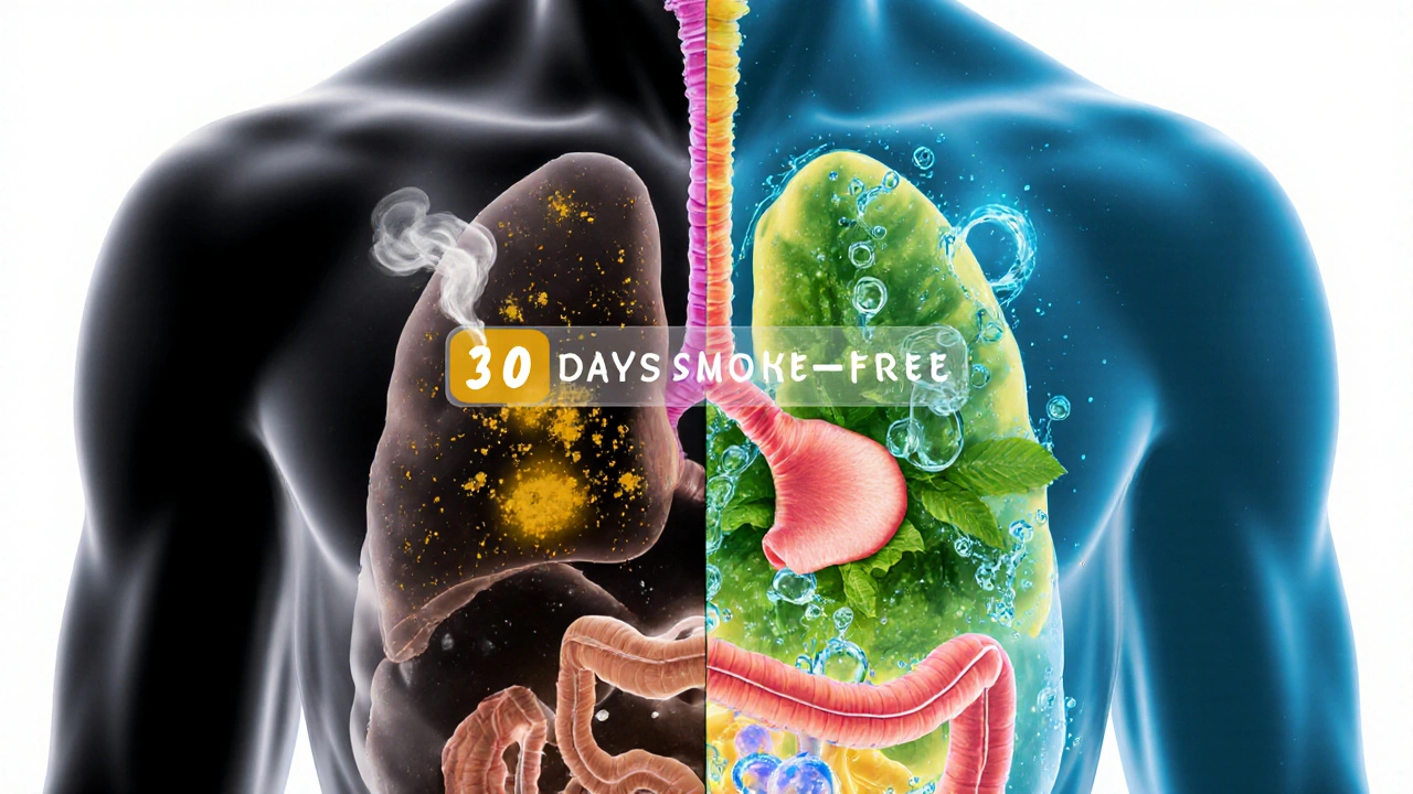 Koncepční obrázek těla s čistou a znečištěnou stranou po 30 dnech bez kouření.