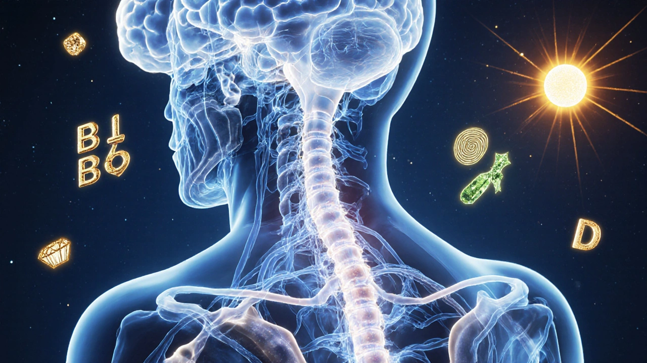 Luminární znázornění nervového systému s plavajícími molekulami vitamínů B12, B6, hořčíku a vitamínu D.