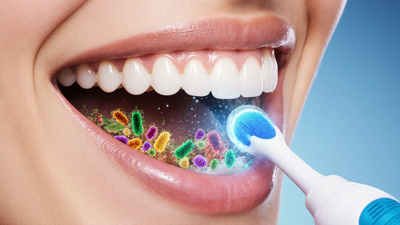 Mikroskopický pohled na bakterie a kyselinu ničící sklovinu, zatímco ultrazvukový čistič odstraňuje plak.