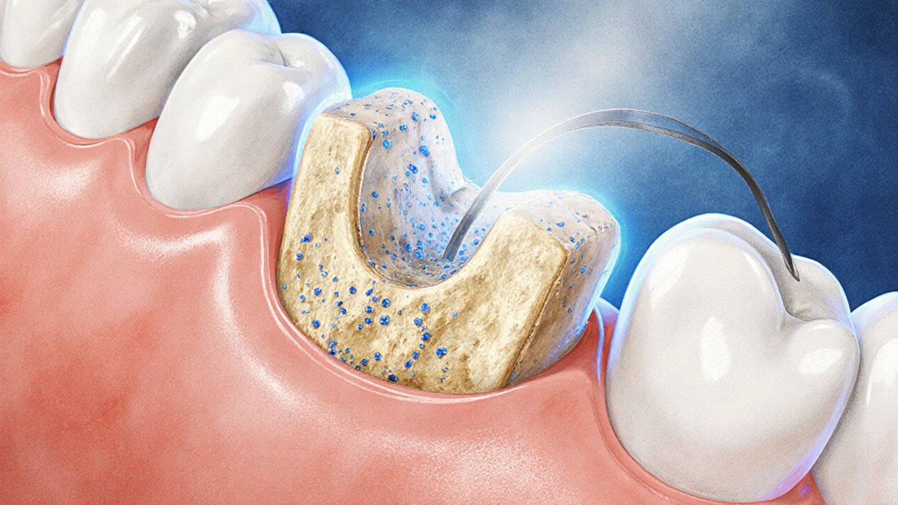 Mikroskopický pohled na přestavbu kosti kolem zubu s gumičkami