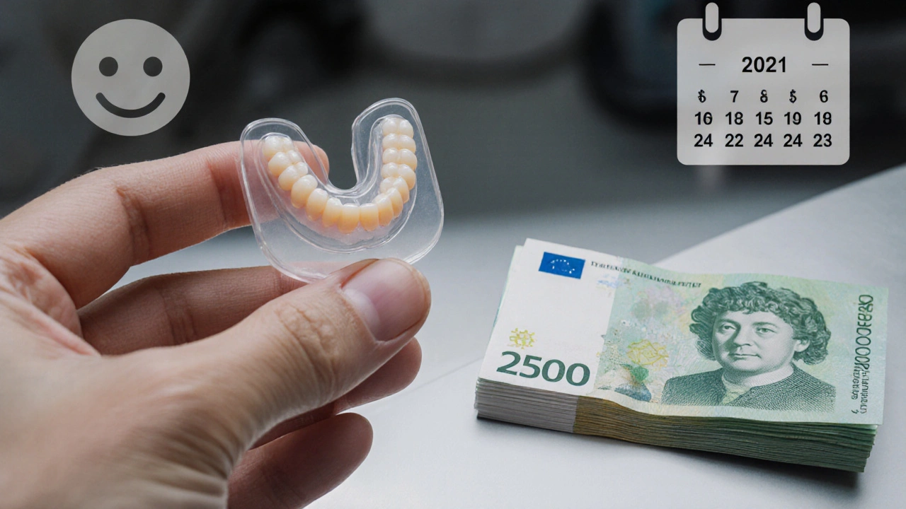 Nasazovací zuby vedle bankovek 3 500, 15 000 a 25 000 Kč, symbolizující rozdílné ceny v roce 2025.