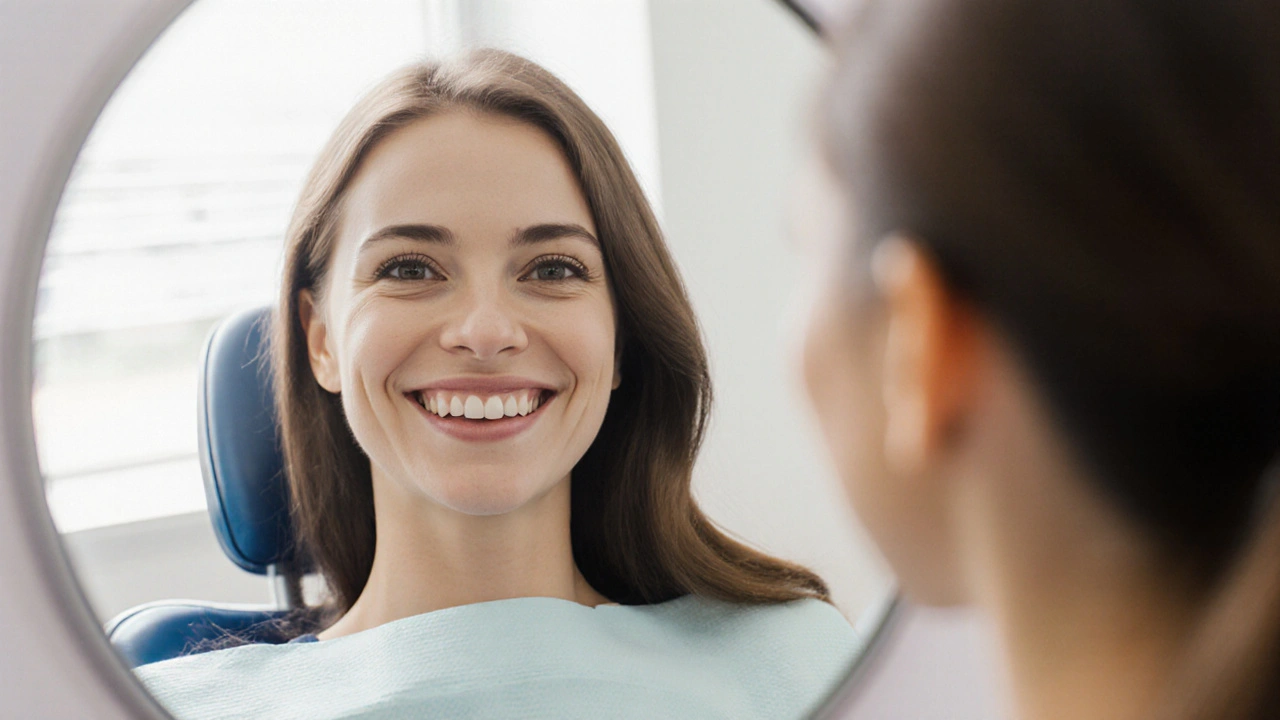 Pacient s novou zirkonovou korunkou, který se usmívá v klinice.