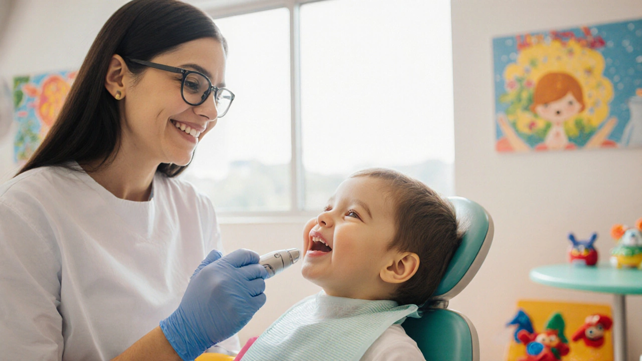 Pediatričtí zubař odstraňuje zubní kámen zubnímu dítěti v klinice.