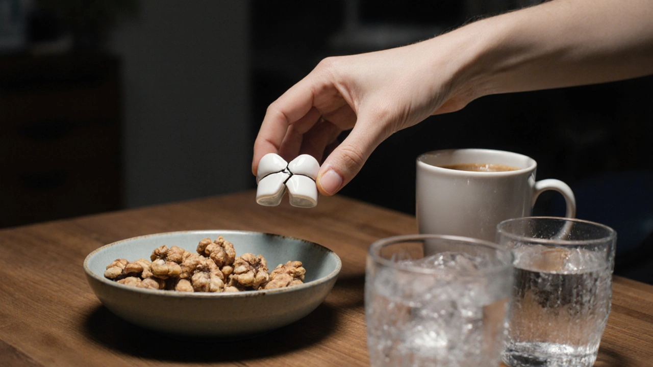 Poškozená keramická korunka vedle tvrdých potravin a ledu.