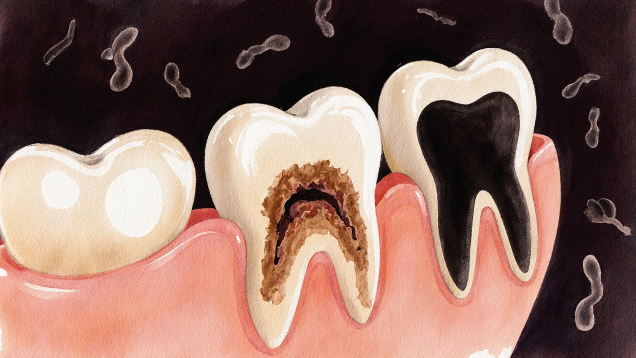 Postupné poškození dětského zubu ve třech fázích: bílá skvrna, hnědá erodovaná oblast a černá díra.