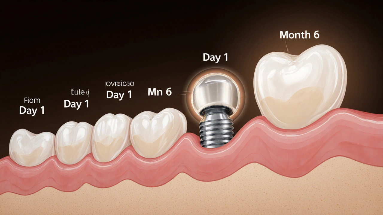 Přehled hojení implantátu od dne 1 do 6 měsíců s osseointegrací kosti.