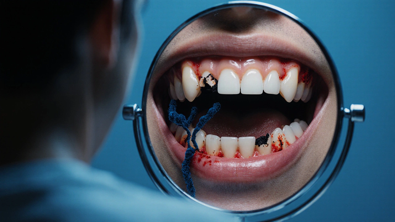 Reflektovaná tvář s zdravými dásněmi, zatímco skutečné dásně ukazují ničenou kost.