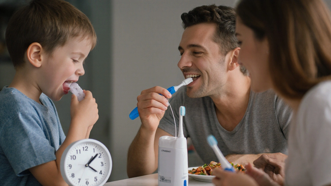 Rodina večer po jídle: dítě žvýká bezcukrovou žvýkačku, dospělý používá zubní nit, žádné jídlo po čištění zubů.