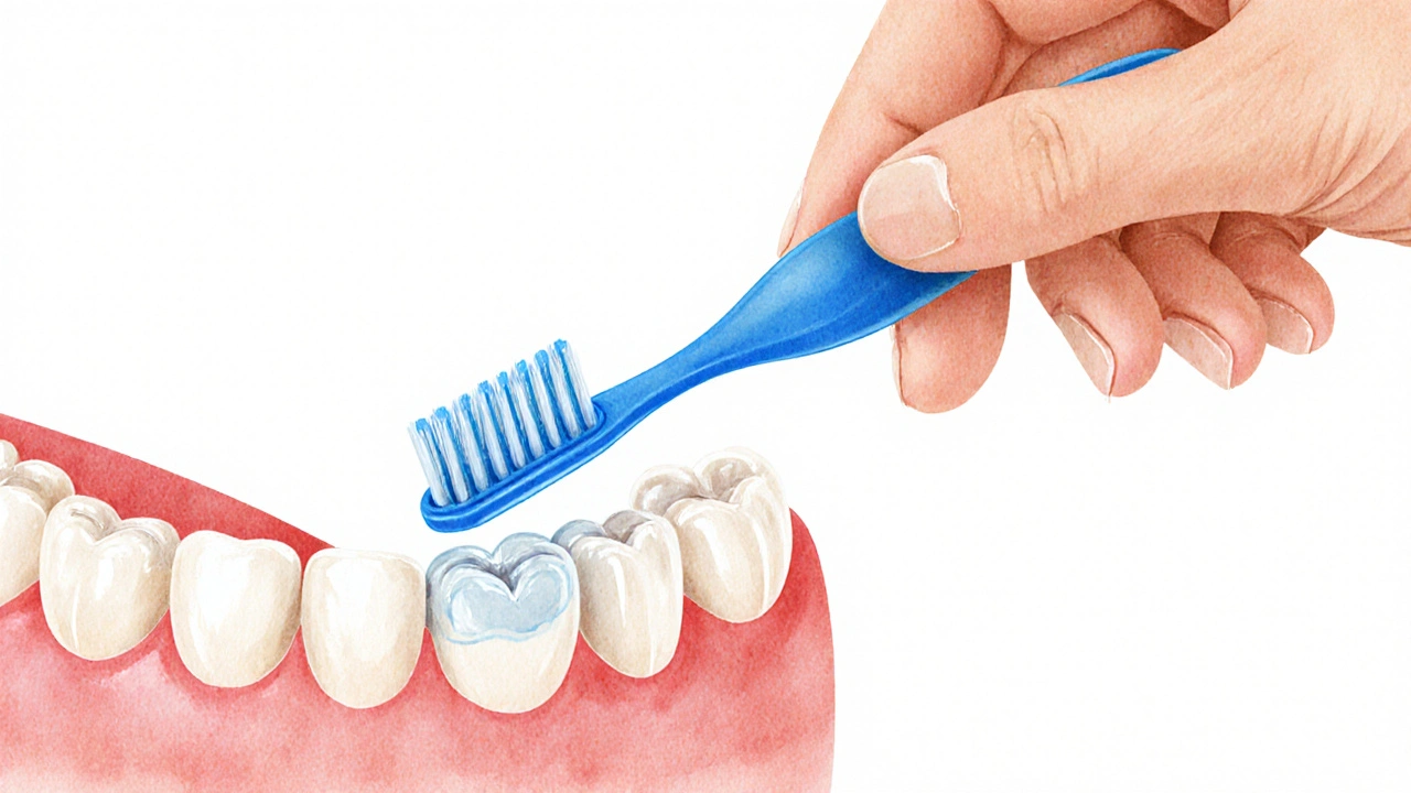 Ruka pohybuje mezizubním kartáčkem zpět a dopředu mezi zuby.