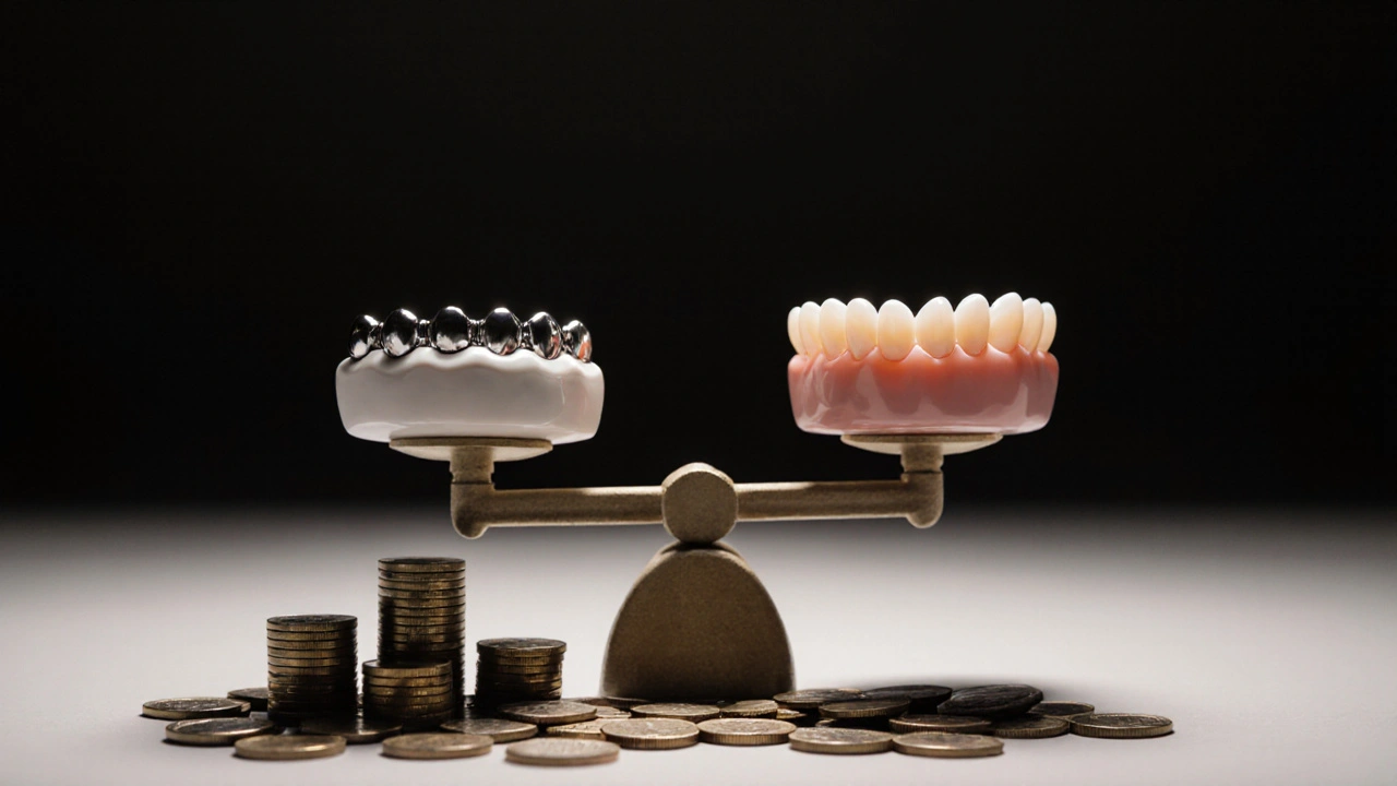 Scale comparing costs of dental replacements with coins representing prices.