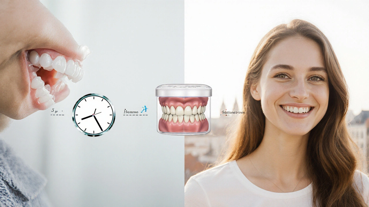 Split image: temporary crown vs. final ceramic crown after weeks.