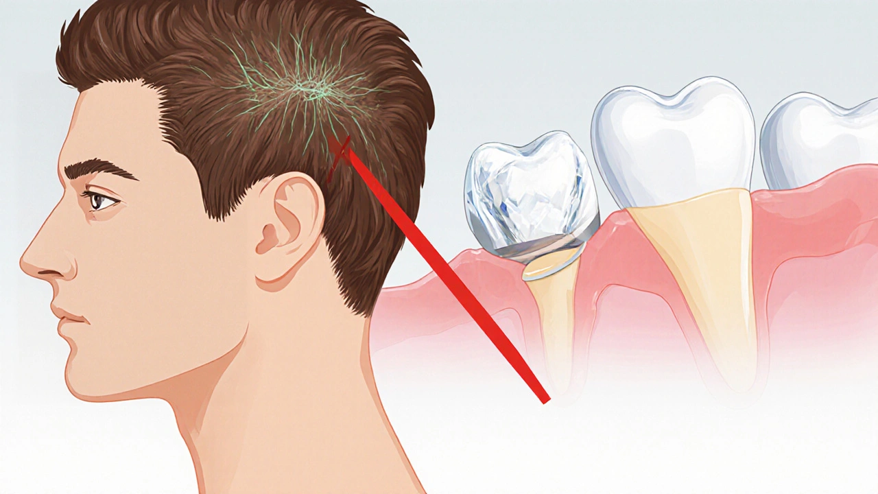 Srovnání vlasů a zubu s výrazným křížem mezi nimi.