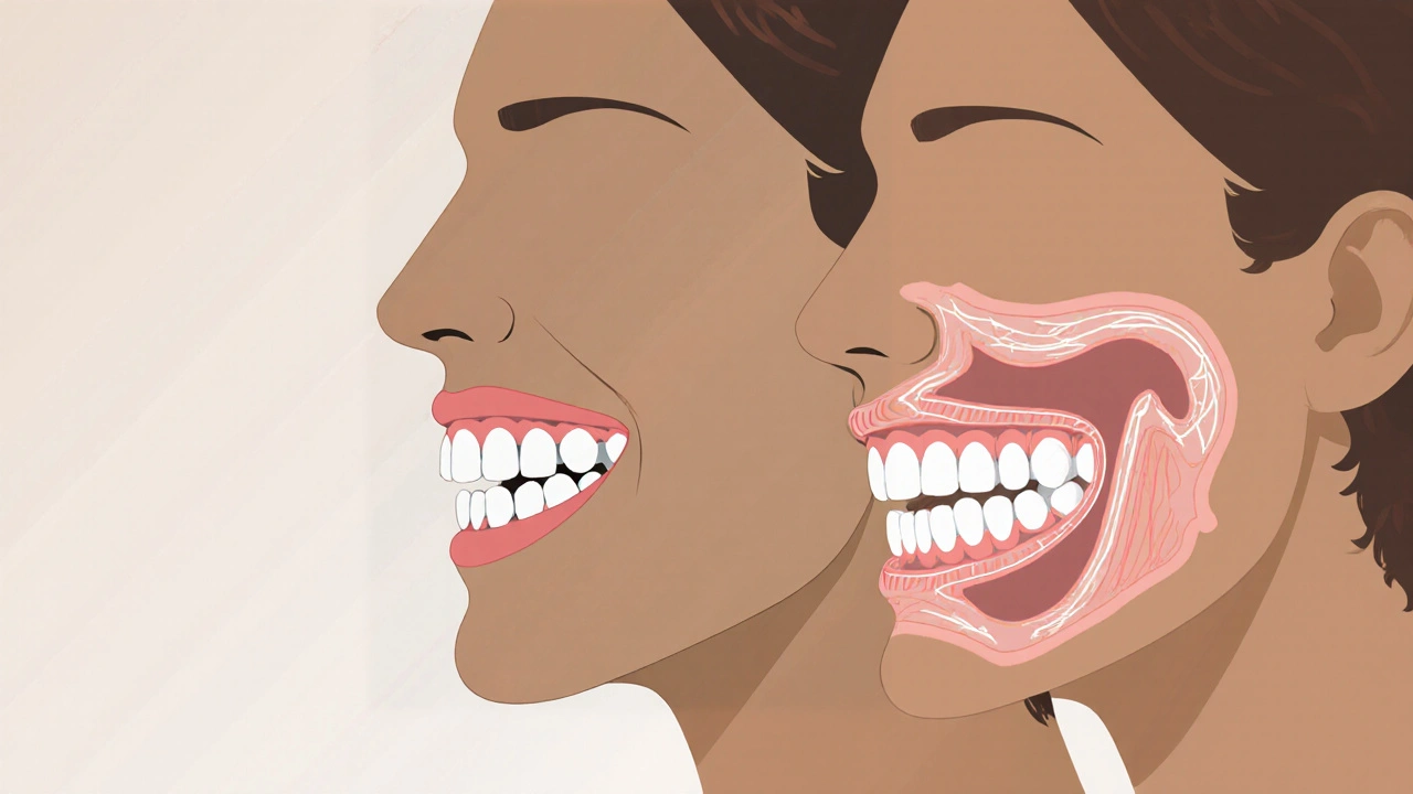 Stranový pohled na normální a patologický předkus s vyznačenými kostními nerovnováhami čelistí.