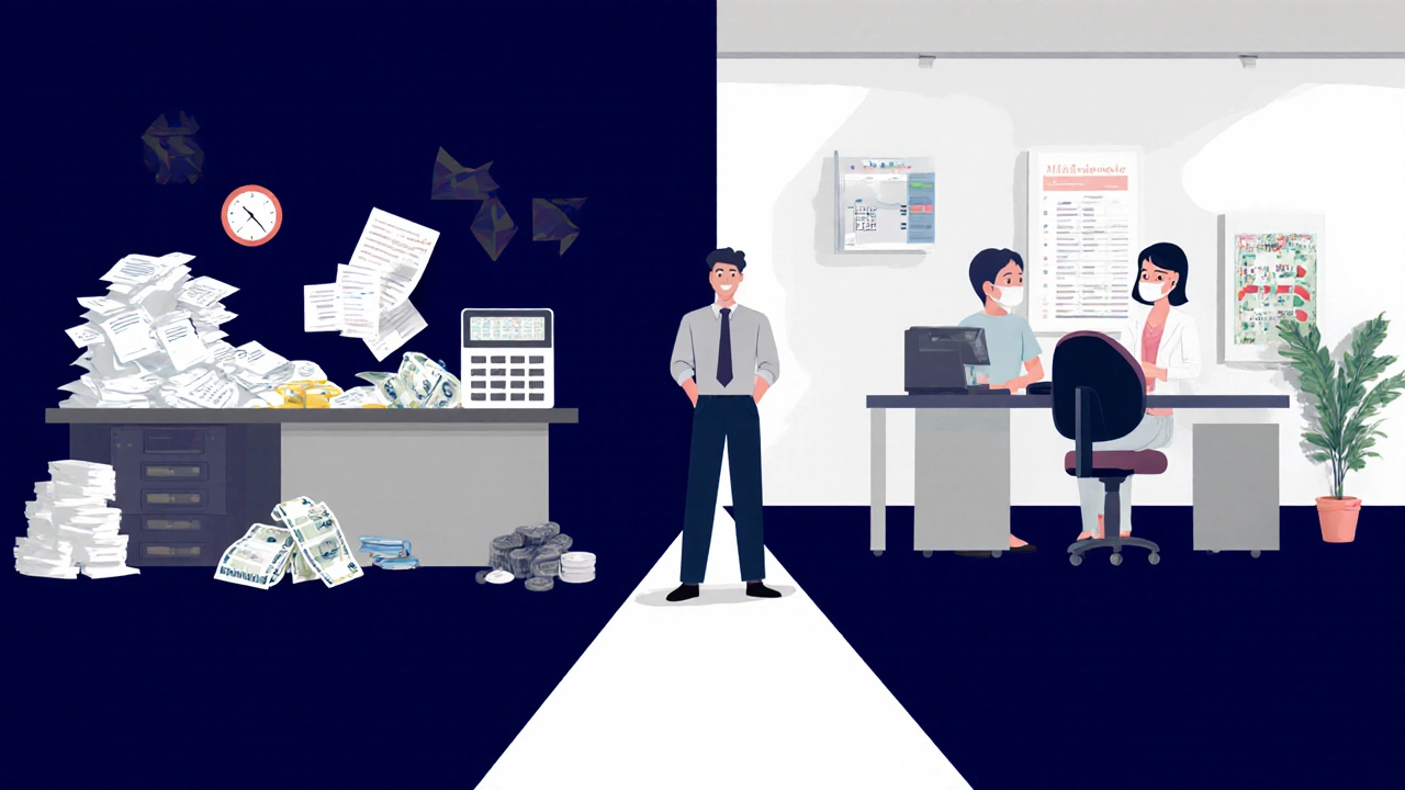 Symbolický obraz zubaře před dvěma cestami: náklady nebo úspěch vlastní ordinace.