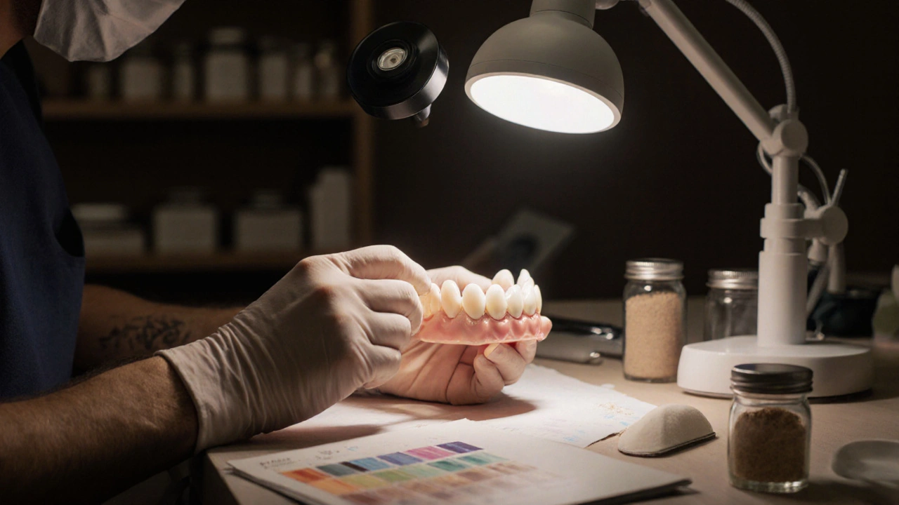 Technician hand-finishing a ceramic crown in a dental lab.
