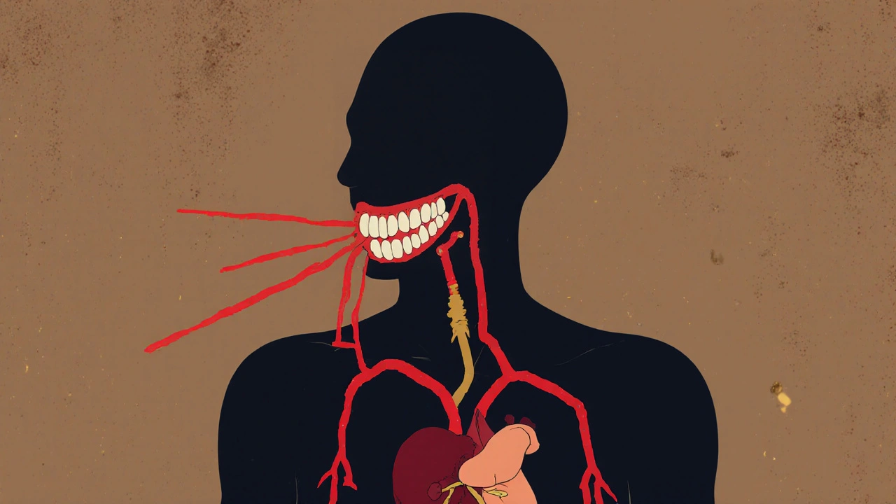 Tělo spojené s ústy, s významnými spojeními k srdci a slinivce.