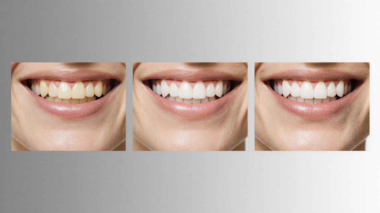 Tři fáze bělení zubů: od tmavé po bílou barvu v časovém sledu.