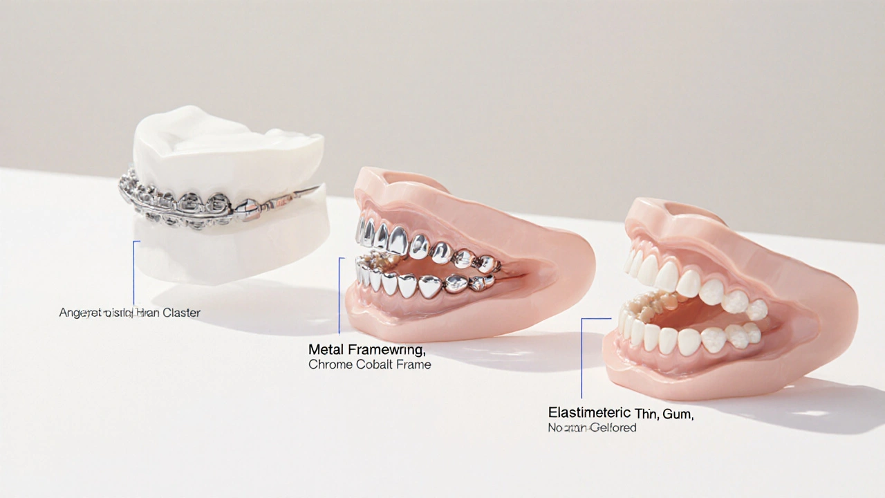 Tři typy nasazovacích zubů vedle sebe: akrylové, s kovovým rámcem a elastické, bez textu, pouze vizuální rozdíly.