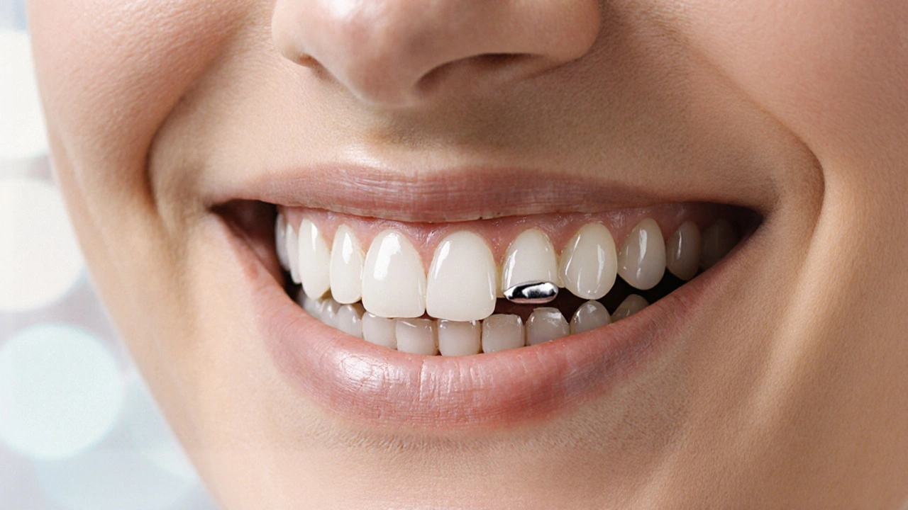 Úsměv s předními přirozenými zuby a zadními metalokeramickými korunkami, jedna s viditelnou vrstvou.